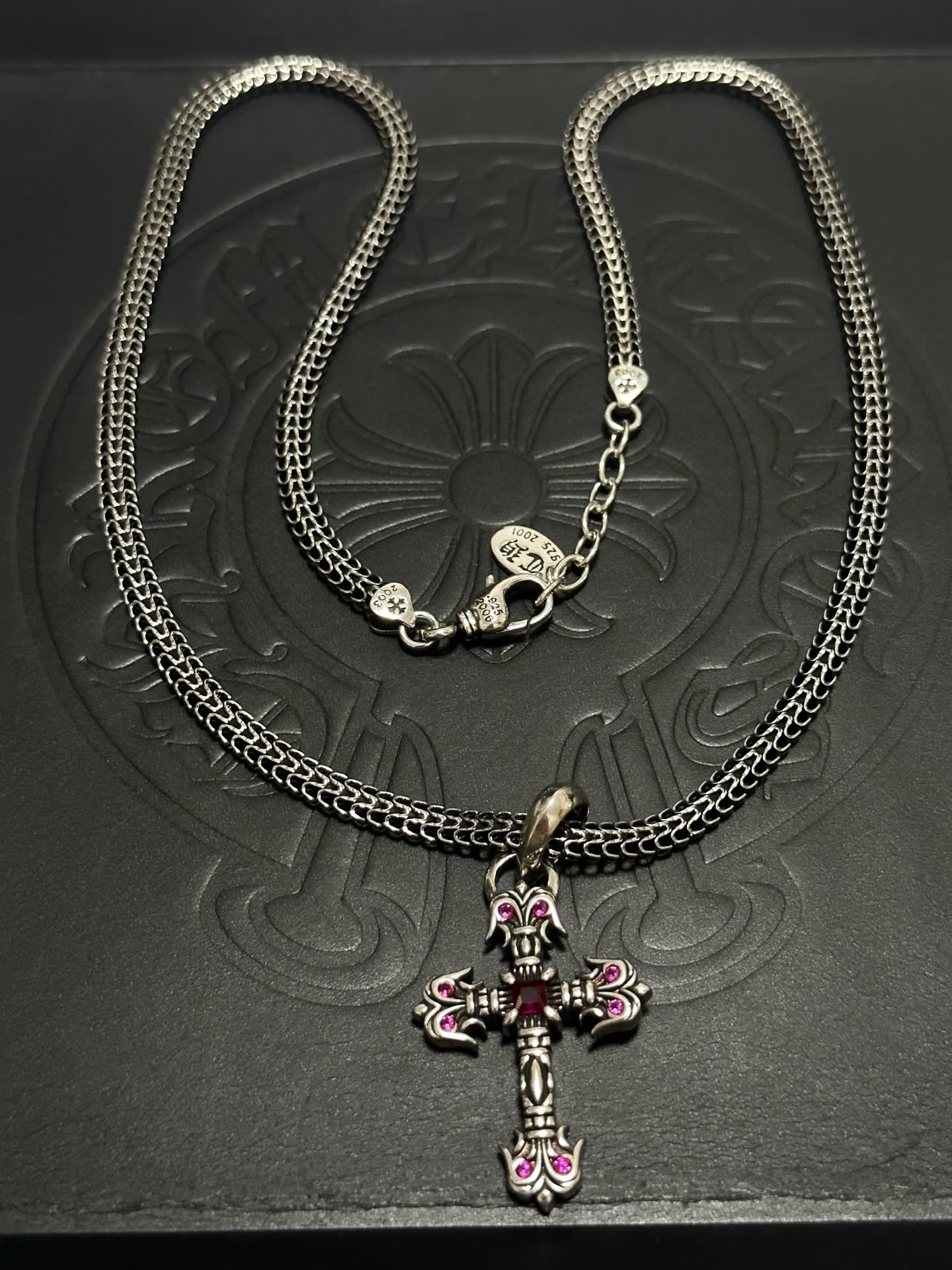 Chrome Hearts Silver Cross Pendant with Pink Stones